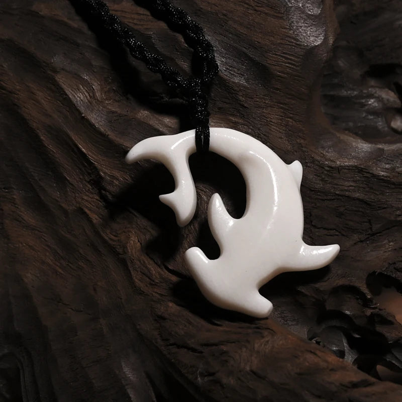 Tribal Hammerhead Shark Bone Pendant Necklace | Hand Carved Maori Amulet Jewelry lifestyle view