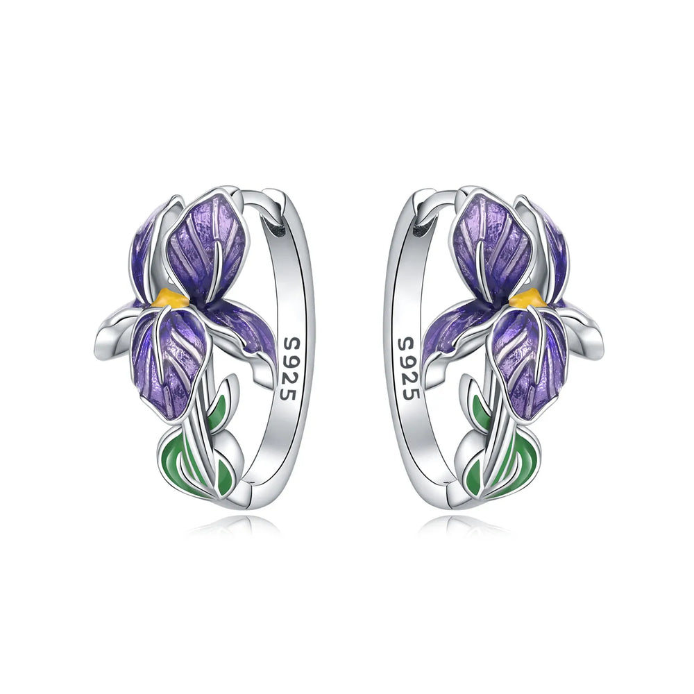 Orstarry Original 925 Sterling Silver Blue Iris Flower Earrings Women Hoop Earring Ann close-up view
