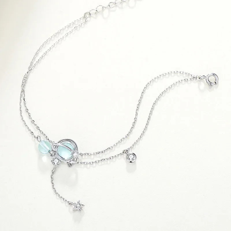 925 Sterling Silver Aquamarine Bracelet | Elegant Double Charm Bracelet for Women lifestyle view