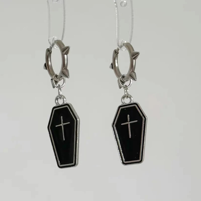 Gothic Coffin Cross Hoop Earrings | Punk Grunge Jewelry for Women alternate view