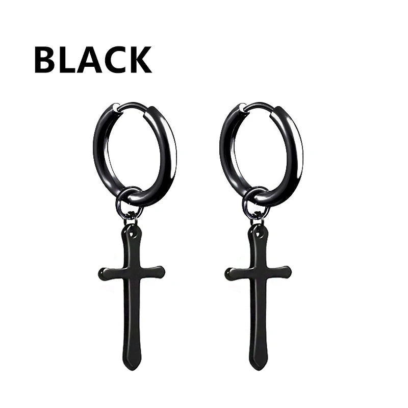 2pc Stainless Steel Men Cross Stars Punk Dangle Earrings Gothic Woman Cross Ear Hoop E close-up view