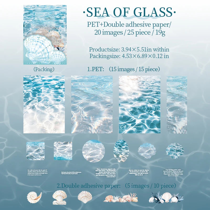 25 Sheets Blue Ocean Theme Dual Texture Sticker Pack | Scrapbook and Journal Decor Set close-up view