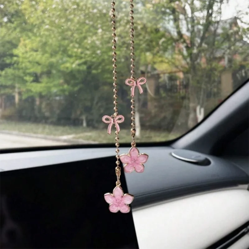 Pink Sakura Flower Rearview Mirror Pendant with Gold Chain alternate view