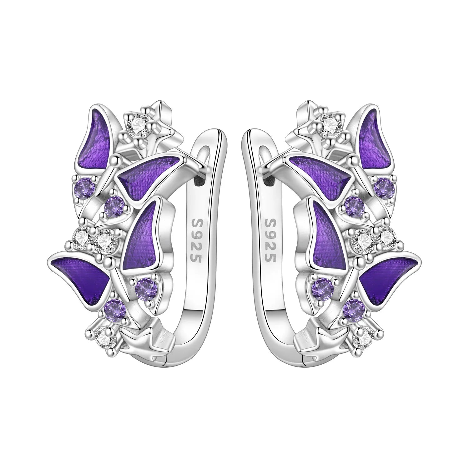 PANPOKI Original 925 Sterling Silver Double Butterfly Insect Earrings Women Hoop Earri close-up view