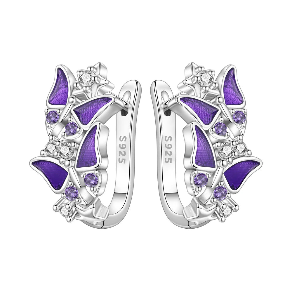 PANPOKI Original 925 Sterling Silver Double Butterfly Insect Earrings Women Hoop Earri close-up view
