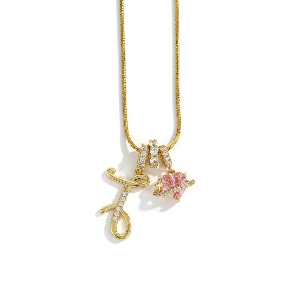 Gold Color Zircon Flower Pendant Necklace Female A-Z 26 Letter Alphabet Wedding Jewel lifestyle view