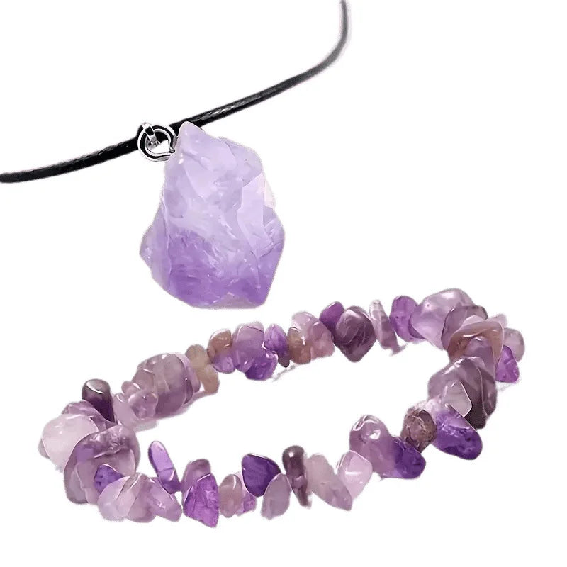 3Pcs Natural Amethyst Jewelry Set Irregular Chip Bracelet Raw Crystal Pendant Hexagonal detail view