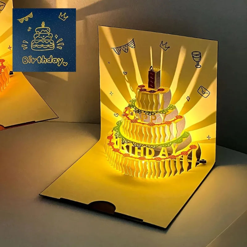 3D Music Light Birthday Card | Pop Up Cake Musical Greeting with Envelope close-up view