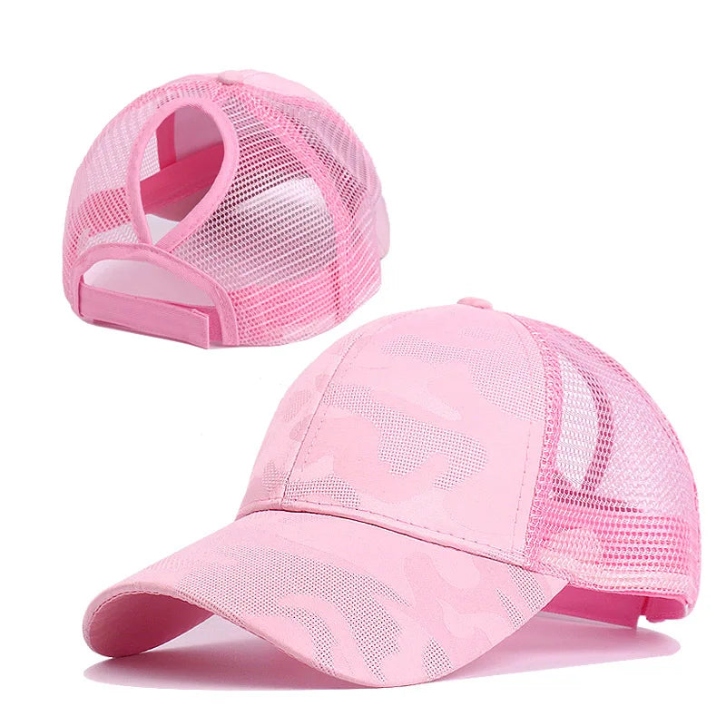 Camouflage Mesh Trucker Hat for Women | Snapback Cap with Ponytail Hole close-up view