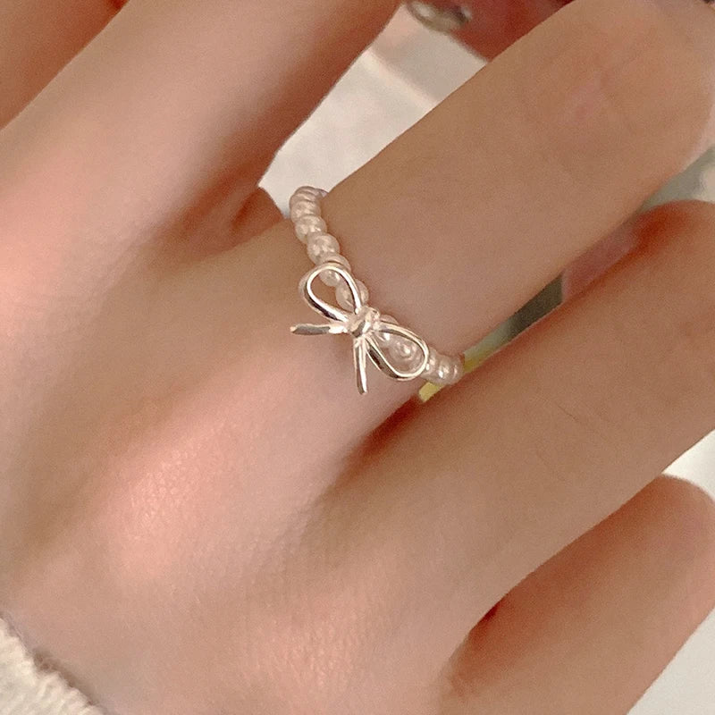 PANJBJ 925 Sterling Silber Perlen Unregelmäßiger Ring | Damen Muschel Überlappend Hohl Süßes Design Schmuck