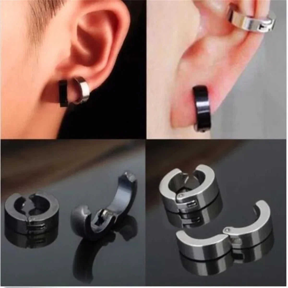 Stainless Steel Cuff Earrings for Men | Non Piercing Clip On Hoop Set lifestyle view