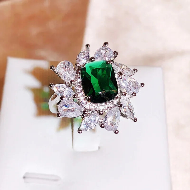 925 Silver New Colorful Square Zircon Ring Female Fashion Full Diamond Water Drop Zir alternate view