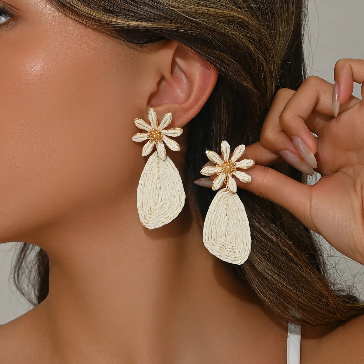 Bohemian Raffia Flower Drop Earrings | Handmade Summer Jewelry alternate view
