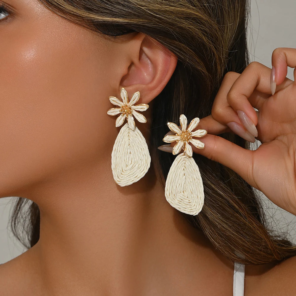 Bohemian Raffia Flower Drop Earrings | Handmade Summer Jewelry alternate view