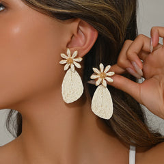 Bohemian Raffia Flower Drop Earrings | Handmade Summer Jewelry alternate view