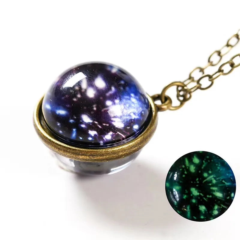 Universe Planet Earth Glass Luminous Double-Sided Retro Pendant Necklace For Women Men G detail view