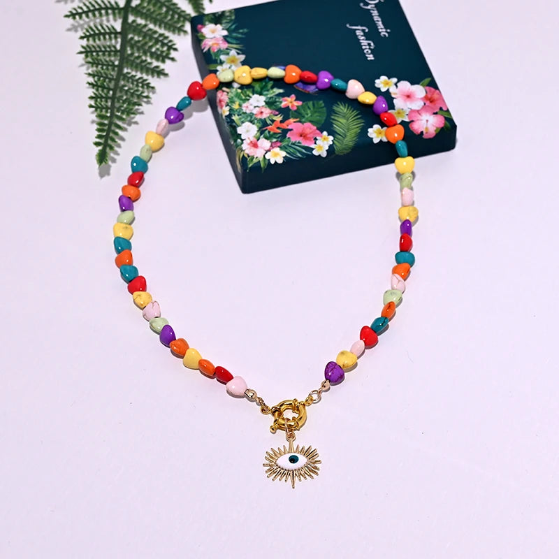 Heart Choker Necklace with Colorful Beads | Bohemian Eye Pendant Set for Women lifestyle view