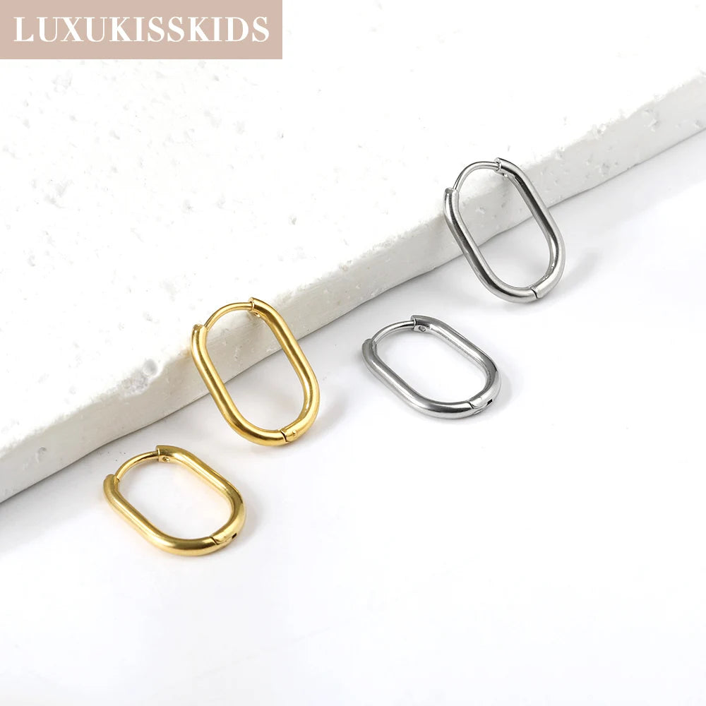LUXUKISSKIDS Fashion Oval Hoop Earrrings Stainless Steel Elliptic Shape Silver/Gold Color 20MM Big Round Clips Smooth Mental Ear