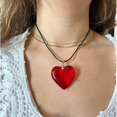 Y2k Red Heart Necklace for Women Fashion Big Hearts Pendants Necklaces Rope Chain Girls detail view