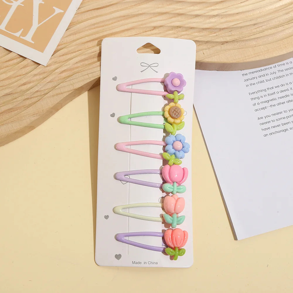 6Pcs/Set Candy Color Hair Clip Set Kids Girl Cartoon Tulip Bow Flower Bangs Clips Hair Pins Baby Cute Barrette Headdress