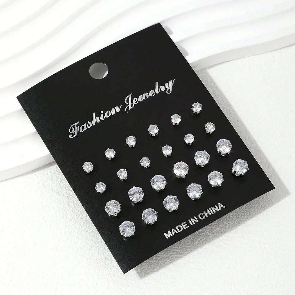 12/24/36 Pairs Shiny Zircon Stud Earrings Set for Women Men Daily Versatile Chic Silv alternate view