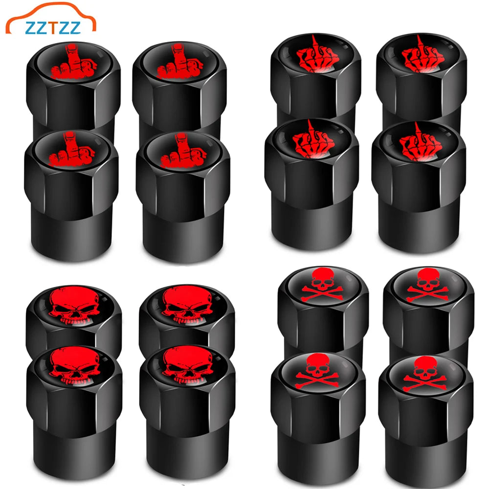 Red Skull Logo Valve Caps 4 Pcs Aluminum Alloy Tire Stem Covers