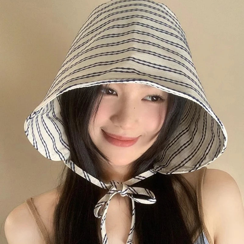 Women's Large Brim Foldable Bucket Hat with Chin Strap | Korean Style Striped Panama Sun detail view