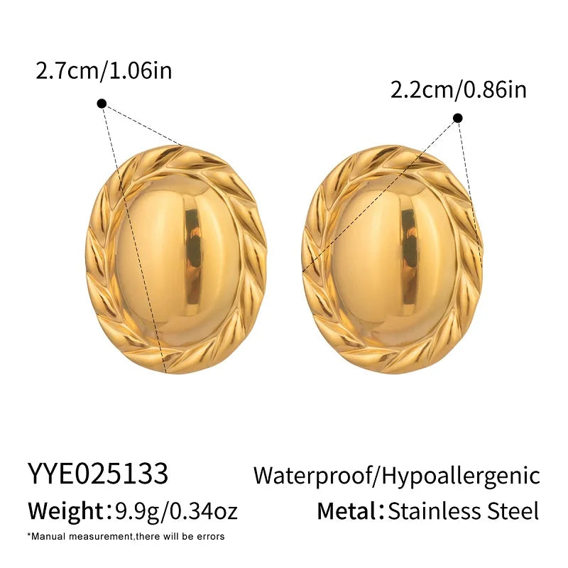 Vintage Oval Stud Earrings | 18K Gold Plated Stainless Steel Natural Stone Jewelry close-up view