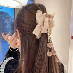 New Fashion Women Soft Plush Bow Pearl Tassel Hair Claw Clips Elegant Hair Clips Headwear