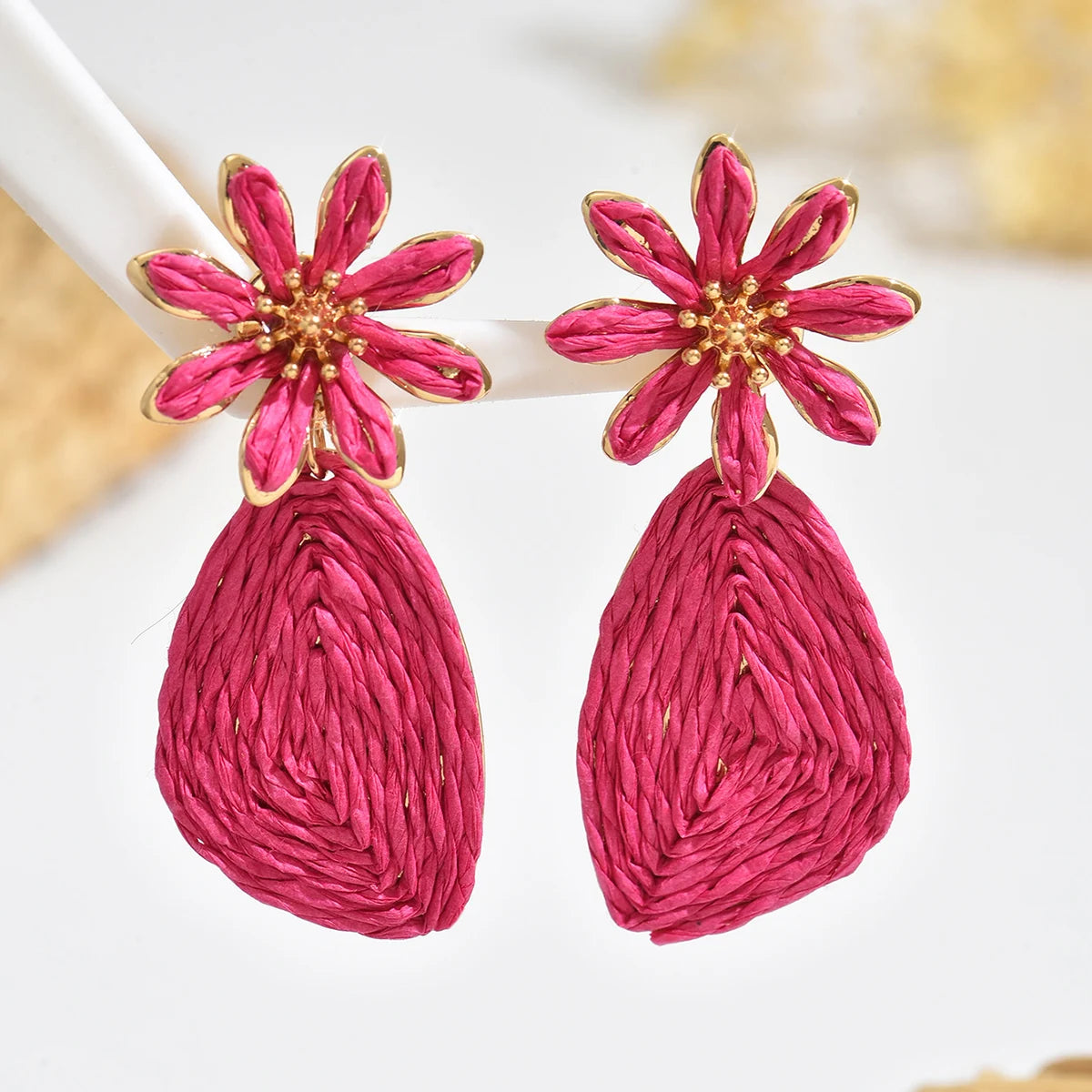 Bohemian Raffia Flower Drop Earrings | Handmade Summer Jewelry alternate view