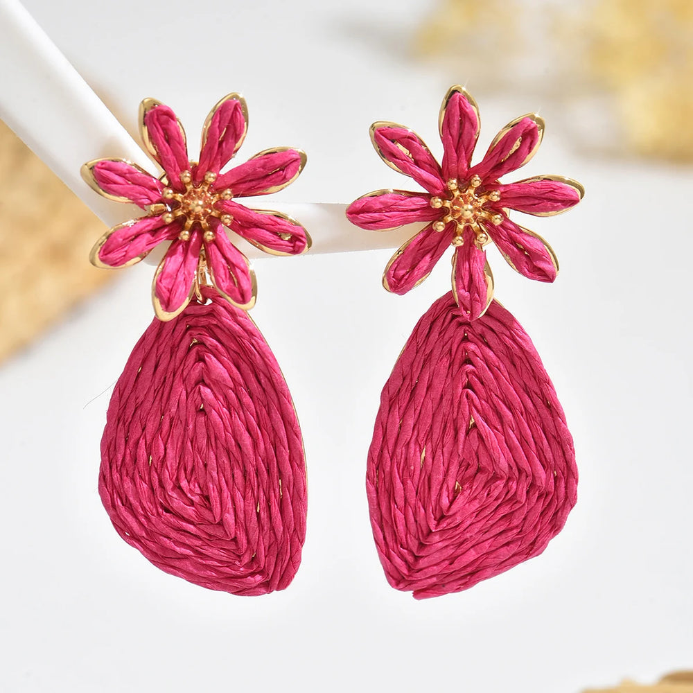 Bohemian Raffia Flower Drop Earrings | Handmade Summer Jewelry alternate view