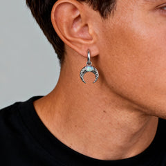 Vintage Moon Earrings for Men | Green Stone Stainless Steel Hoop Jewelry detail view