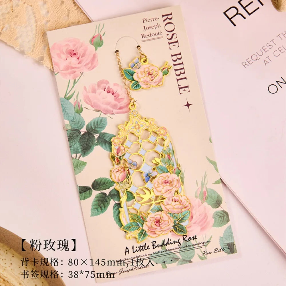 Retro Metal Aesthetic Rose Bookmark Pendant Chinese Style Floral Painting Bookmark St lifestyle view