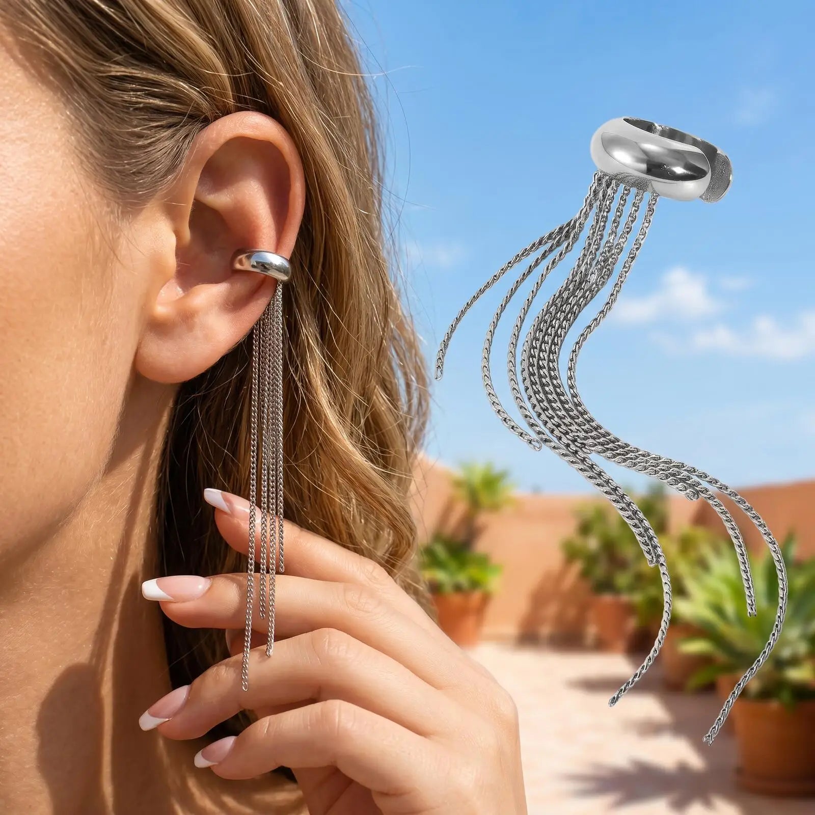 Silver Color Long Tassel Ear Cuff, No Piercing Chain Earrings, Punk Gothic Earcuff, Y2K Aesthetic Je