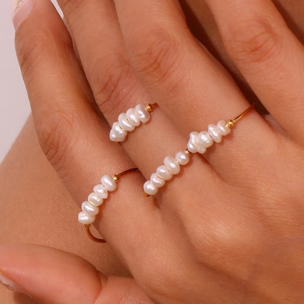 La. Muses Elegant Small Freshwater Pearl Stainless Steel Finger Rings Women Fashion Da close-up view