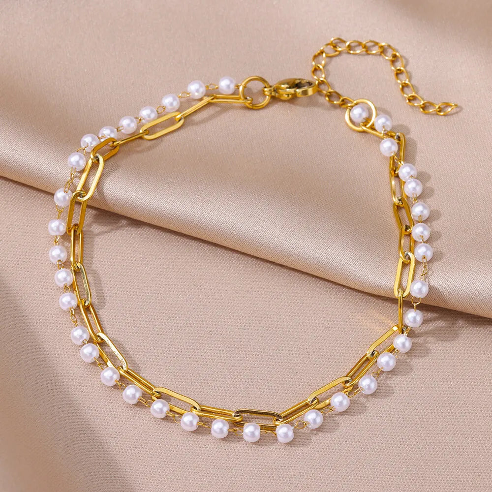 Anklets for Women Summer Beach Accessories Stainless Steel Imitation Pearl Chain Ankle close-up view