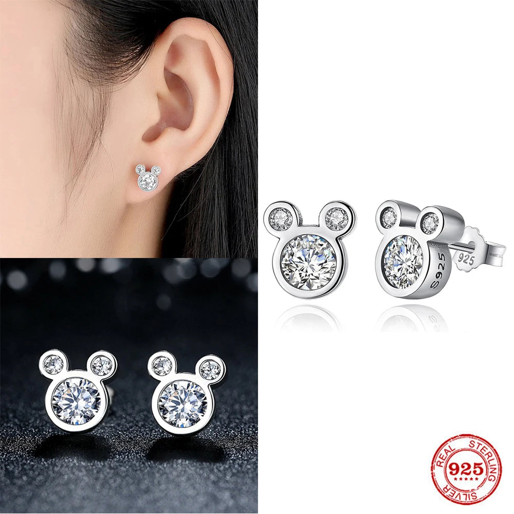 Hot Selling 925 Sterling Silver Cute Dazzling Mouse Cartoon Stud Earrings For Women Girl Authentic O