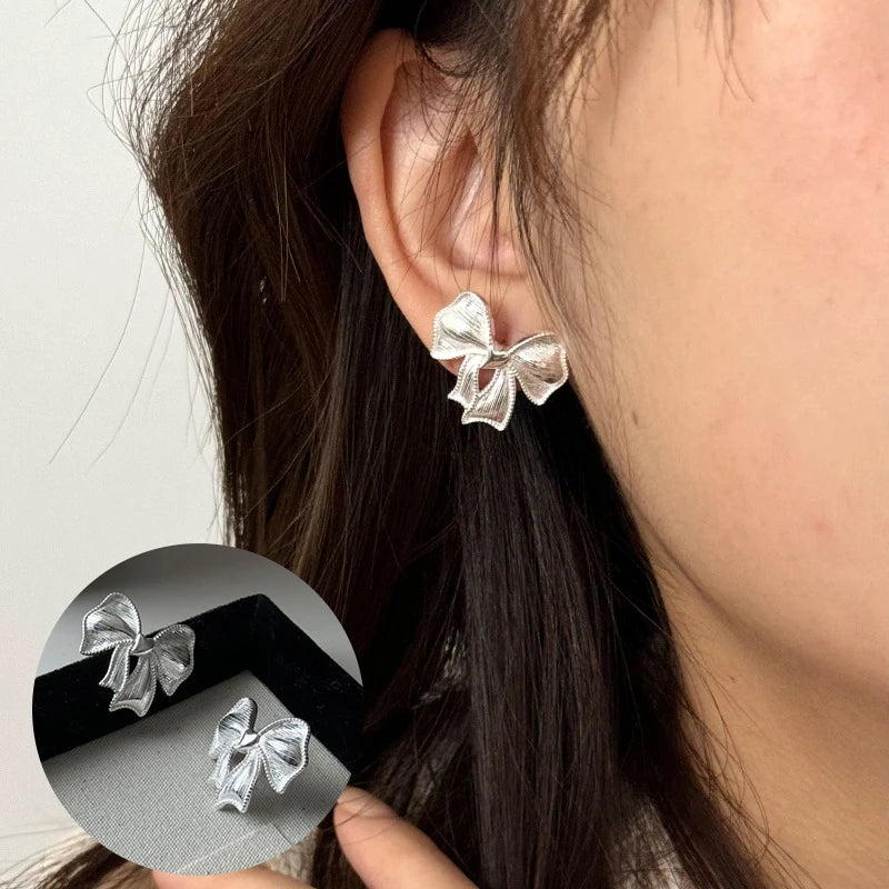 PANJBJ 925 Sterling Silver Bow Knot Earring for Women Texture Tassels Sweet Romantic alternate view