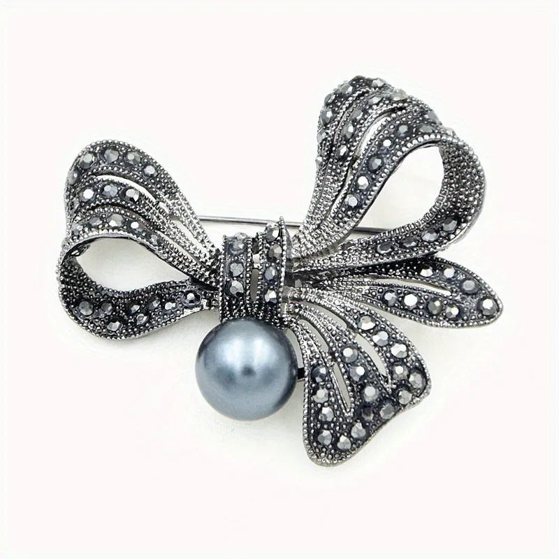 Rhinestone Black Flower Bow Tie Brooches for Women Vintage Elegant Large Brooch Pin Winter Coat Sweater Broches High Quality