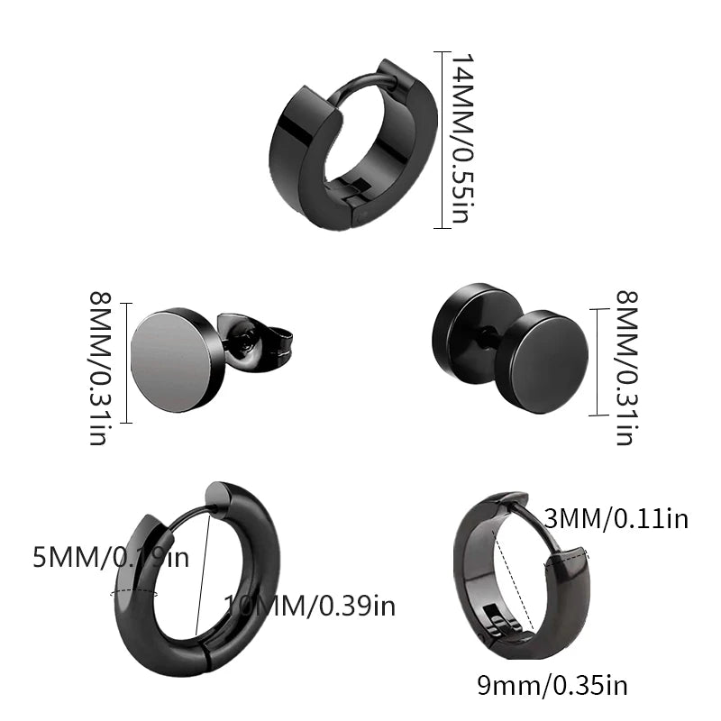 5 Pair Fashion Stainless Steel Black Earrings Set Multiple Styles for Women And Men additional angle