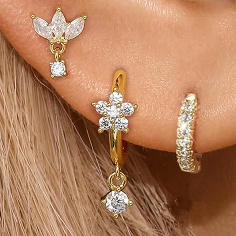 3 PCS Exquisite Zircon Little Huggies Hoop Earrings Set for Women Stainless Steel Uni alternate view
