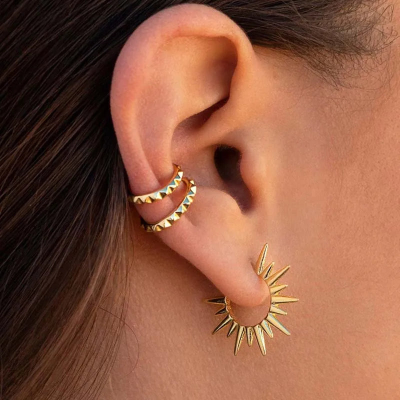 Punk Exaggerated Gold Colour Sun Shape Stud Earrings for Women Hip Hop Rock Metal Irregular Sun Earr