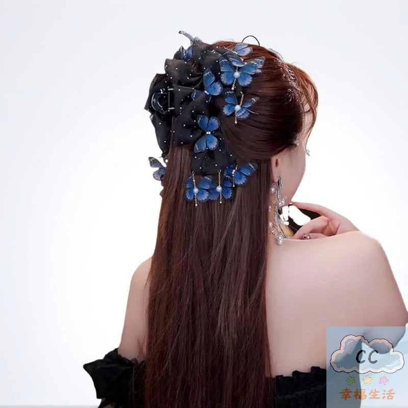 Trendy Butterfly Tassel Hair Claw; Mesh Shark Clip For Ponytail; Must-Have Hair Accessory For Women