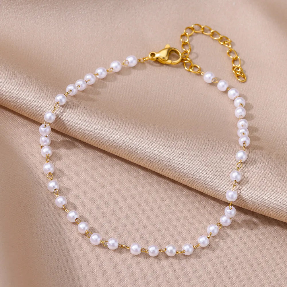 Anklets for Women Summer Beach Accessories Stainless Steel Imitation Pearl Chain Ankl lifestyle view