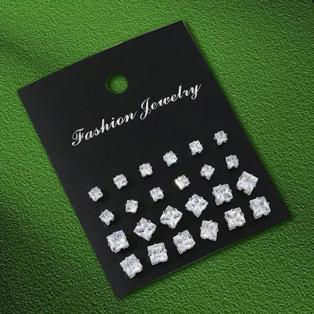 12 Pairs Stainless Steel Stud Earrings Set for Women Men | Zircon Bud Jewelry Gift Set close-up view