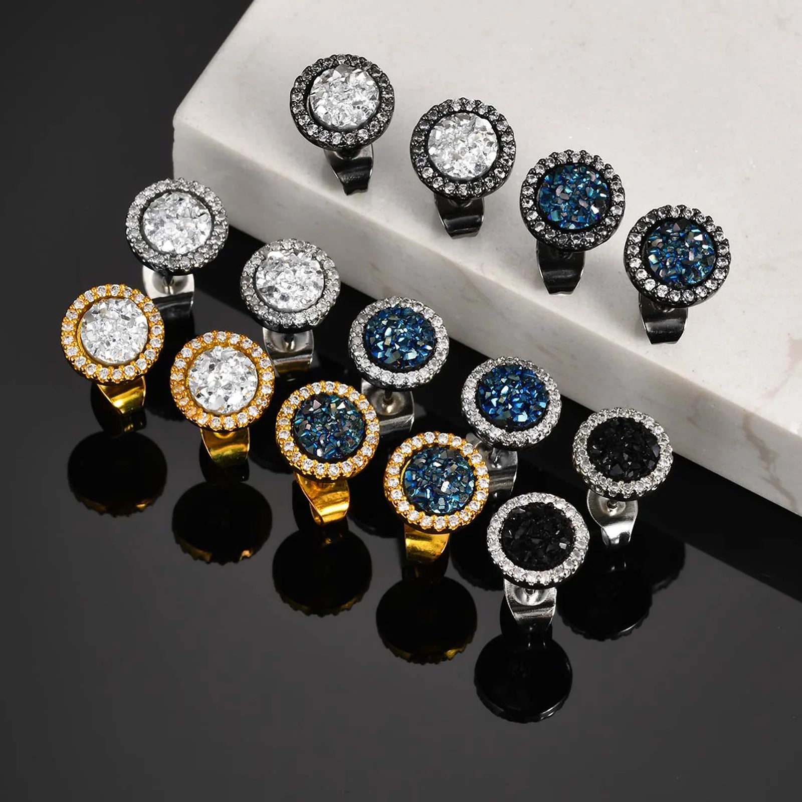 Shattered Zircon Stud Earrings for Men Boys | Hypoallergenic Round Minimalist Jewelry close-up view