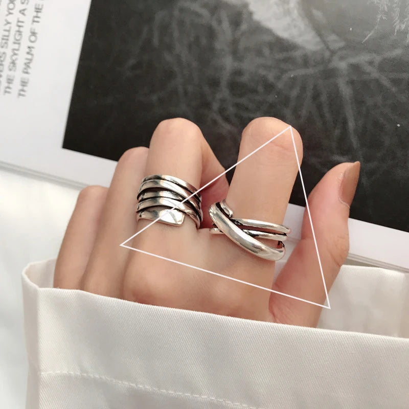 VENTFILLE 925 Sterling Silver Rings INS Fashion Hip Hop Vintage Couples Hollow Lines Pun detail view