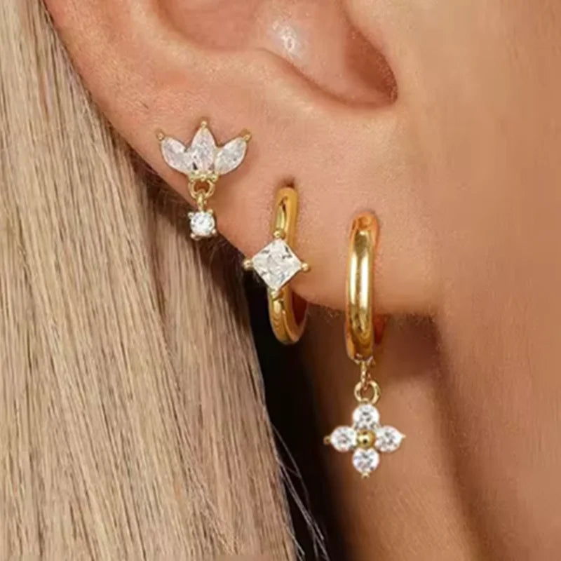 3PCS Stainless Steel Crown Chain Tassel Zircon Drop Earring Flower Ear Stud For Women close-up view