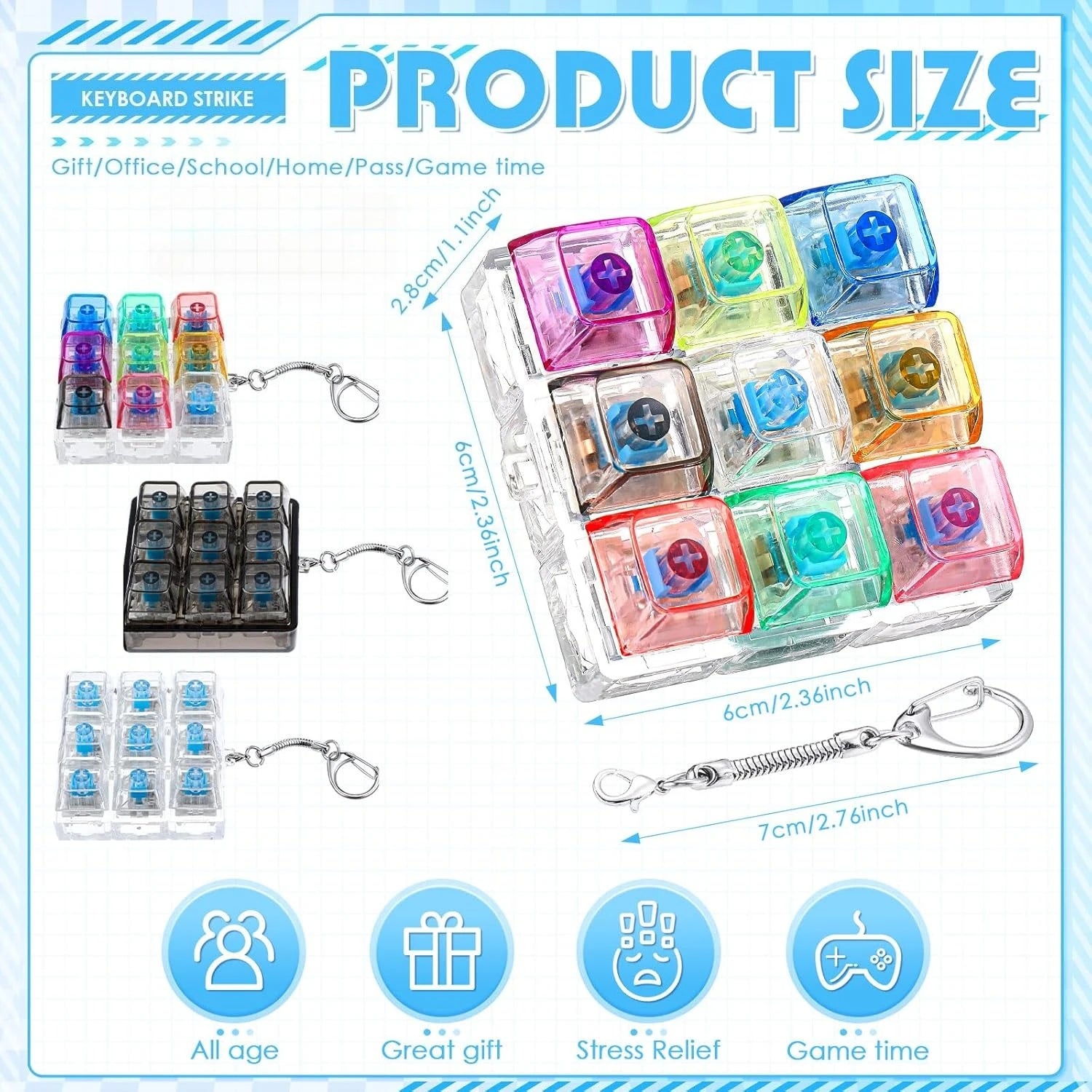 4/9 Keys LED Light Up Keychain Keyboard Clickable Button Fidget Stress Anxiety Relief lifestyle view
