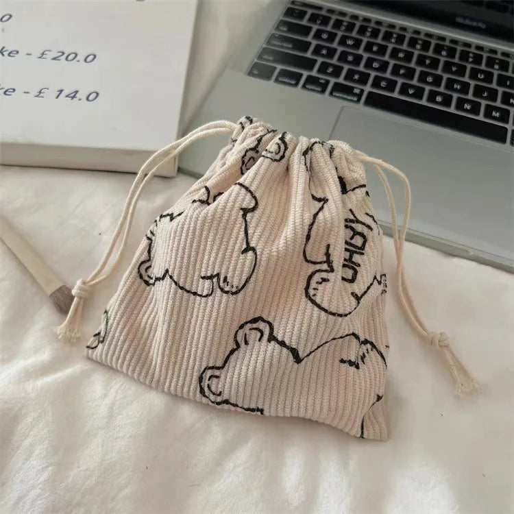 Small Corduroy Drawstring Pouch | Multi-Purpose Storage Bag for Women and Girls close-up view